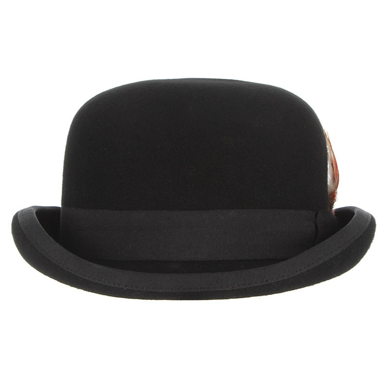 GEMVIE 4 Größen, 100 % Wollfilz, schwarzer Derby-Bowler-Hut für Männer und Frauen, Feder, Satin, Futter, lässig, formeller Fedora