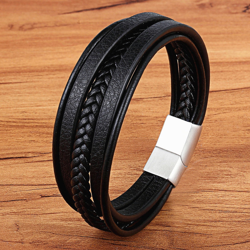 TYO Stainless Steel Top Quality Jewelry Male Black/Brwon Leather Bracelet Men Braided Multilayer Fashion Punk Wholesale