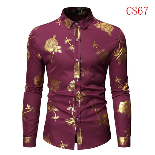 Mens Gold Rose Floral Print Shirts Brand Floral Steampunk Chemise White Long Sleeve Wedding Party Bronzing Camisa Masculina