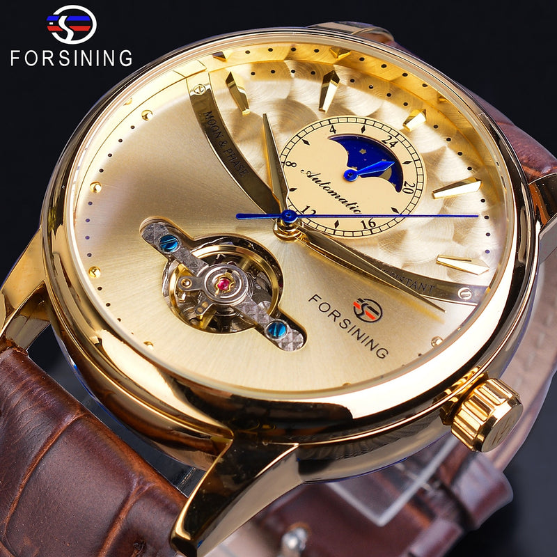 Forsining Moon Phase Automatic Watch Royal Men Golden Waterproof Mechanical Wristwatch Casual Genuine Leather Tourbillon Clock