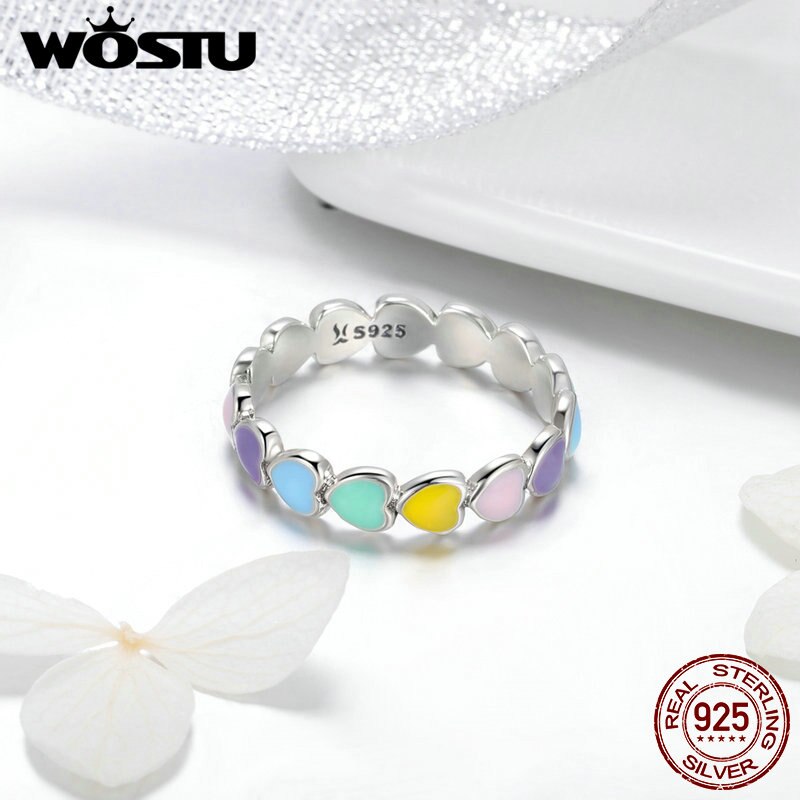 WOSTU Hot Sale 925 Sterling Silver Multi-Color Rainbow Heart Finger Rings For Women Fashion Anniversary Ring Jewelry Gift CQR444