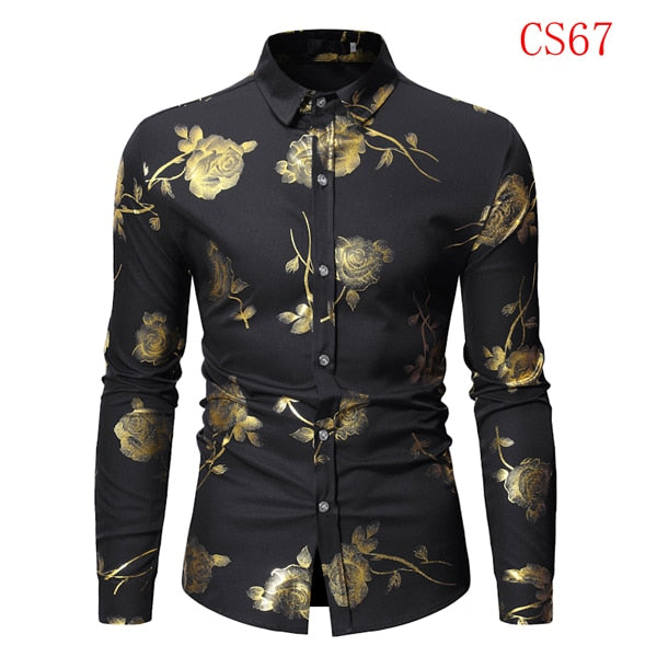 Camisas con estampado floral de rosas doradas para hombre Marca Floral Steampunk Chemise Blanco Manga larga Fiesta de bodas Bronceado Camisa Masculina