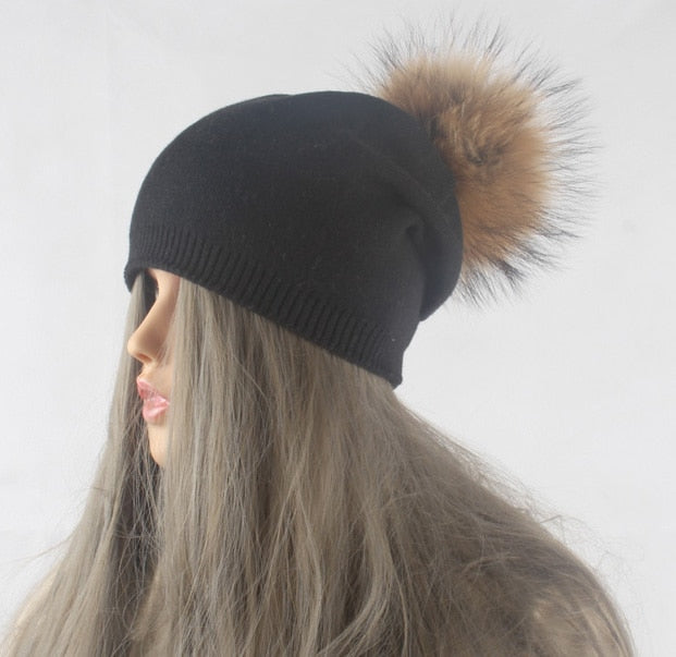 Autumn Winter Pompom Beanie Hat Women Wool Knitted Skullies Beanies Casual Female Cashmere Cap Real Raccoon Fur Pompom Hat