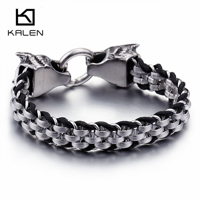 KALEN Punk Animal Wolf Charm Bracelets Hombres Acero inoxidable Pulseira Masculina Leather Wristband Boho Jewelry