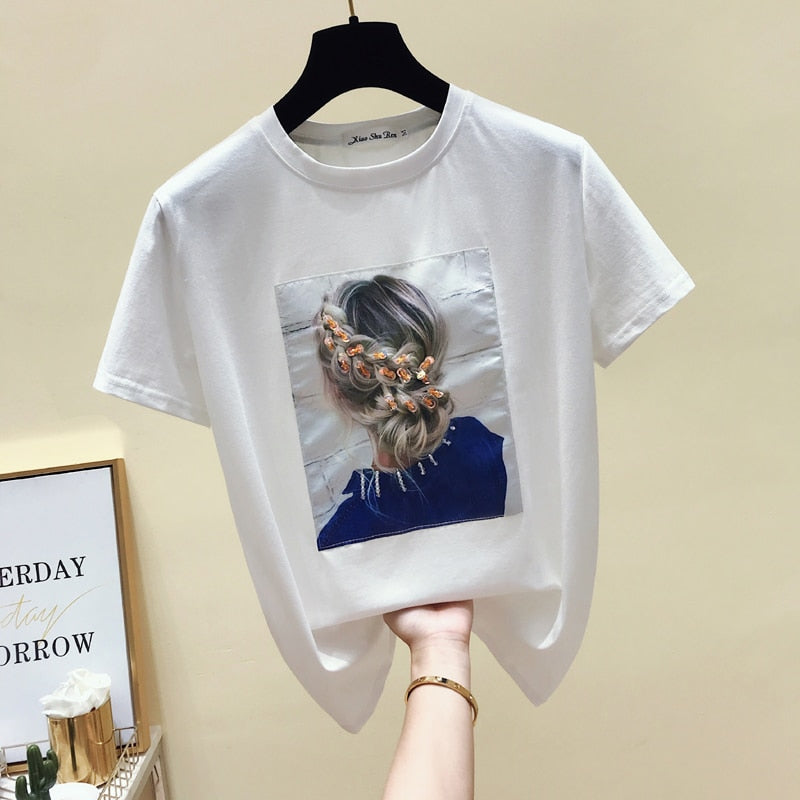 gkfnmt Korea Style Fashion T-shirt Women Tops Cotton Short Sleeve Appliques White Tshirt Women Summer Top Black Tee Shirt 2021