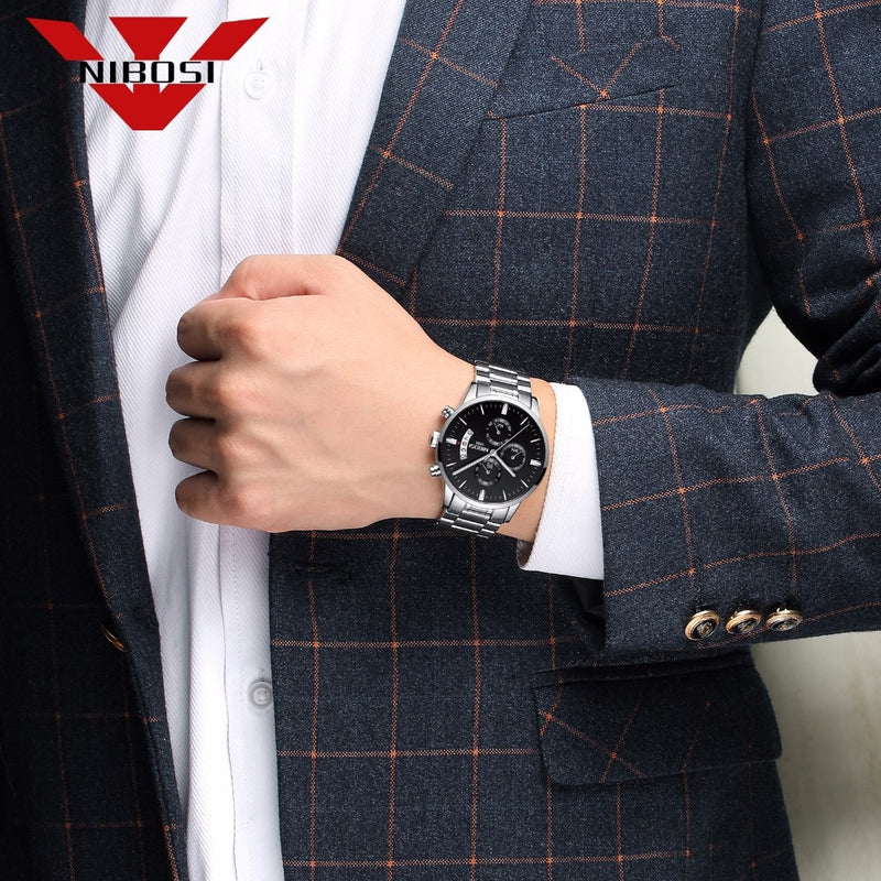 NIBOSI Men's Black Watches Dial Metal Band Luxury Famous Top Brand Men Fashion Casual Dress Military Quartz Silver Wristwatches