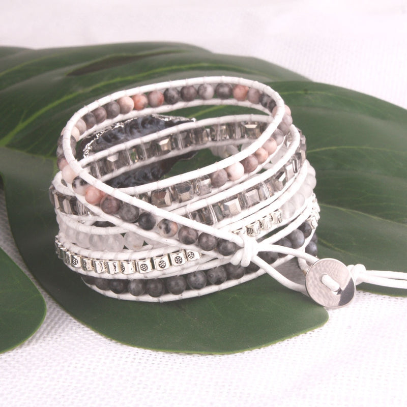 5x Leather Wrap Bracelet Natural Stone Crystal Mix Multi Color Combos Bracelet For Women