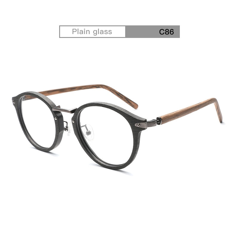 HDCRAFTER Prescription Eyeglasses Frames For Men and Women Retro Round Wood Grain Optical Glasses Frame with Clear Lens