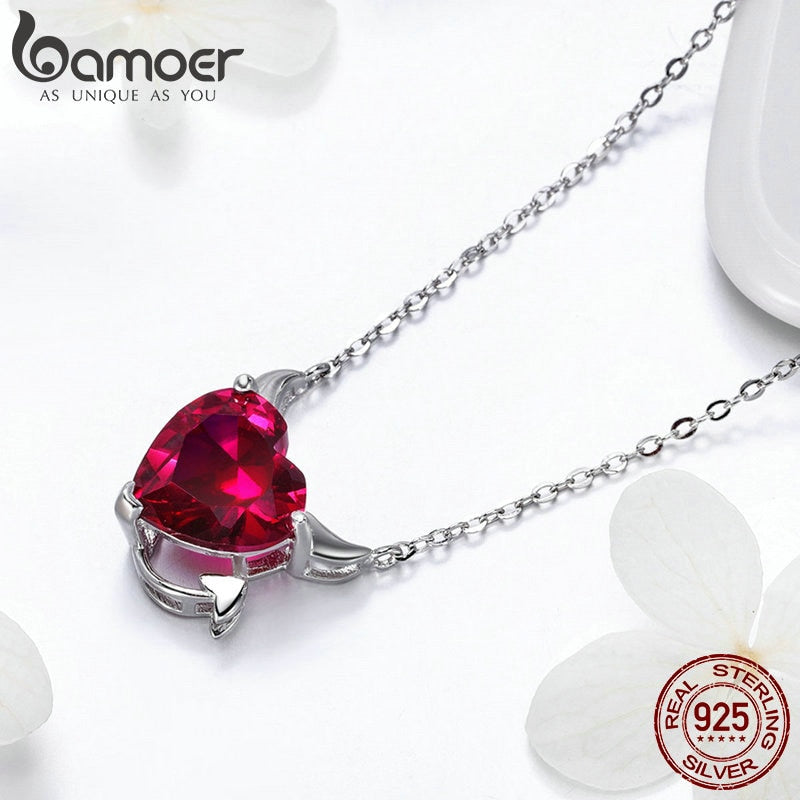 Bamoer New Collection 100% 925 Sterling Silver Red Zircon Little Devil Necklace Pendant For Women Fashion Silver Jewelry SCN286