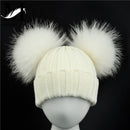 Gorro de punto de invierno para bebé con dos pompones de piel, gorro de bola de piel Natural para niño y niña, gorros para niños, gorro con pompón de piel auténtica doble para niños