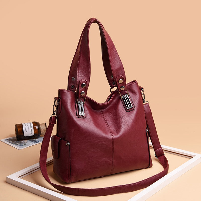 Nuevos bolsos de cuero de moda para mujer, bolso de hombro tipo bandolera de cuero para mujer, bolso de mano grande con forma de cubo para mujer, bolso principal negro/rojo