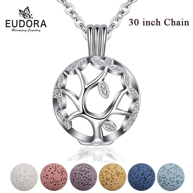 EUDORA 14mm Tree Of Life Pendant Aromatherapy CZ Cage Locket Diffuser Necklace Fit Volcanic Lava Stone Ball Fine Jewelry K187