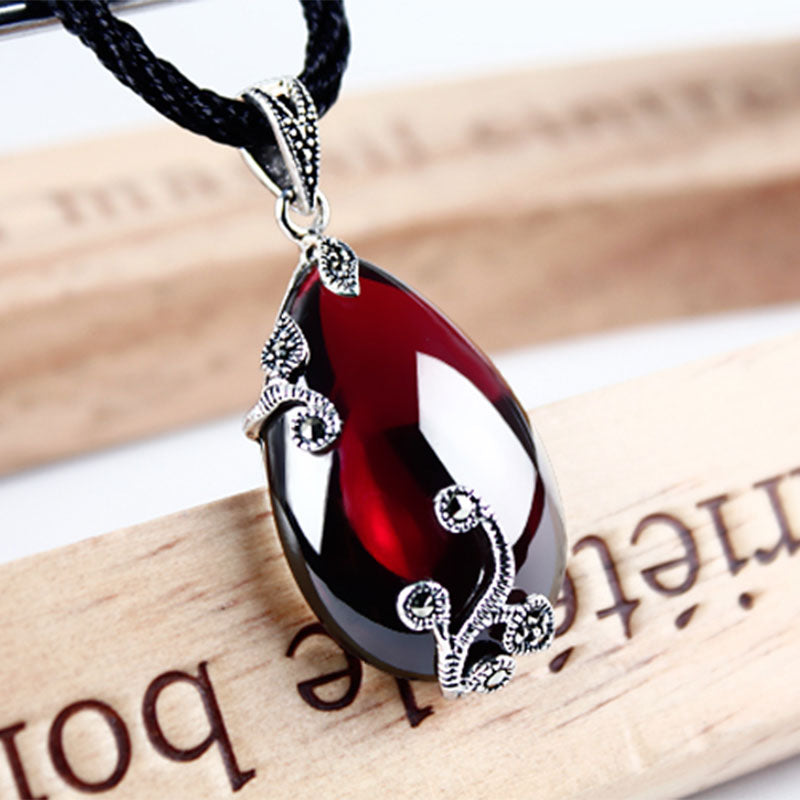 JIASHUNTAI Retro Red Garnet Gemstone 925 Silver Sterling Pendant Necklace Female Silver Jewelry For Women Flower Design