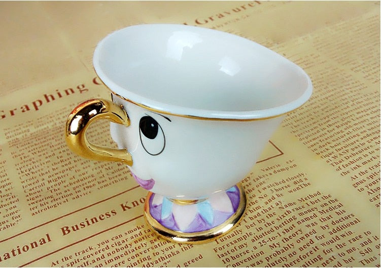 Taza de tetera de La Bella y La Bestia de dibujos animados, juego de tazas de té con Chip de la Sra. Potts, regalo de porcelana Cogsworth, esmalte pintado chapado en oro de 18 quilates