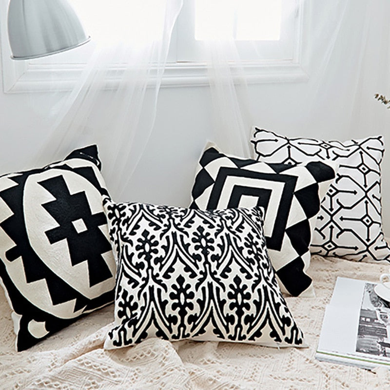 Home Decor Embroidered Cushion Cover Black White Abstract Geometric Canvas Cotton Square Embroidery Pillow Cover 45x45cm