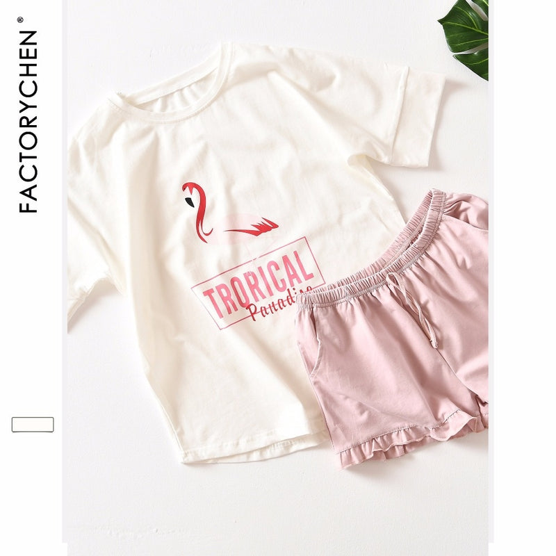 Flamencos de manga corta + Pantalones cortos traje de casa Spot 100% pijama de algodón conjuntos de verano recomendado para mujer pijama ropa de casa