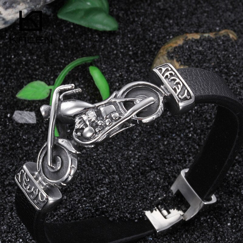 Kalen New Unique Male Jewelry Stainless Steel Motorcycle Charm Bracelet Rock Punk Durable Leather Bracelets Cheap Cool Gift