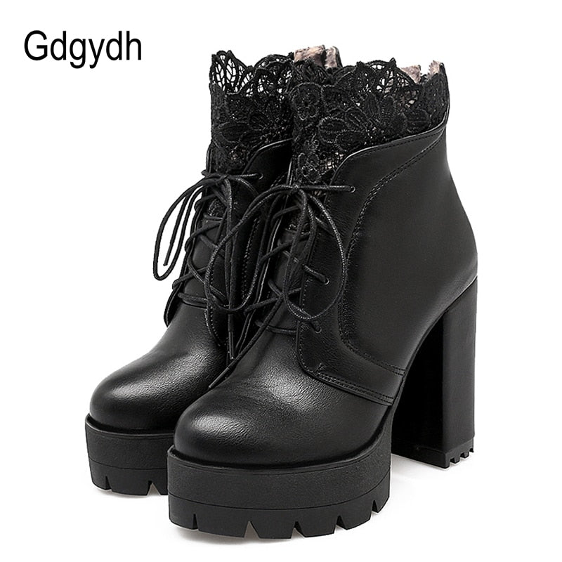 Gdgydh 2022 Autumn Women Lacing Platform Boots High Heels Female Black Platform Heels Spring Short Boots Ladies Shoes for Party