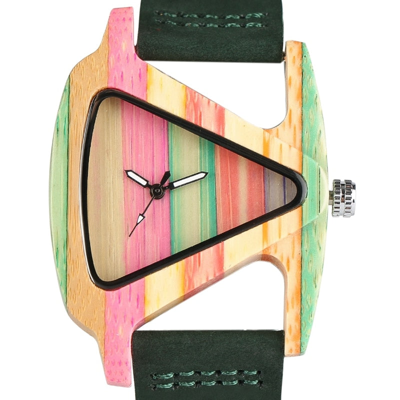 Unique Colorful Wood Watch Creative Triangle Shape Dial Hour Clock Women Quartz Leather Bracelet Watch Women&