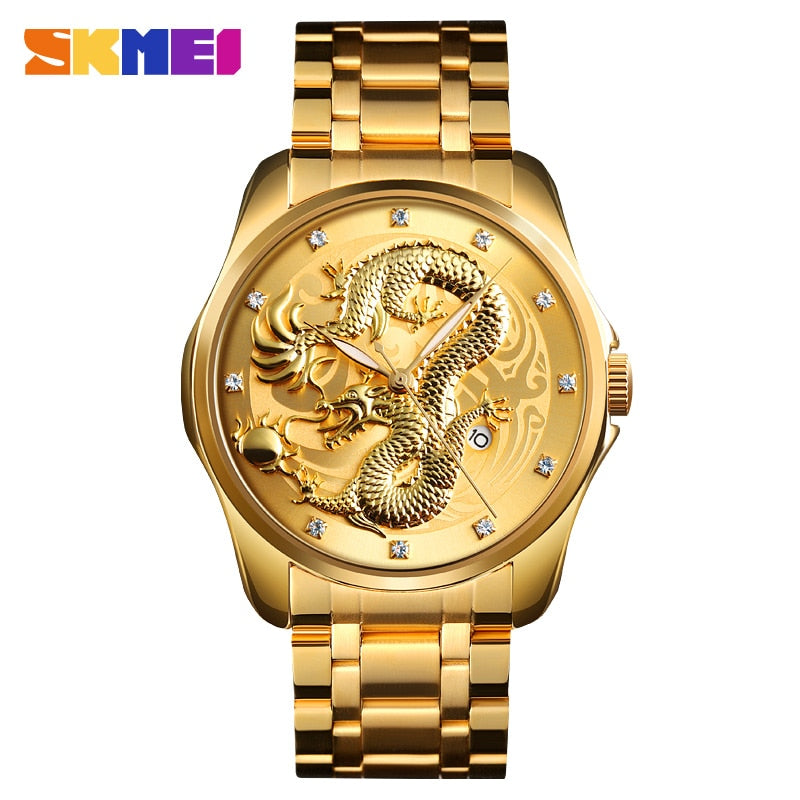 2020 SKMEI lujo dragón chino patrón hombres reloj de cuarzo dorado relojes masculinos relojes de pulsera impermeables Relogio Masculino 9193