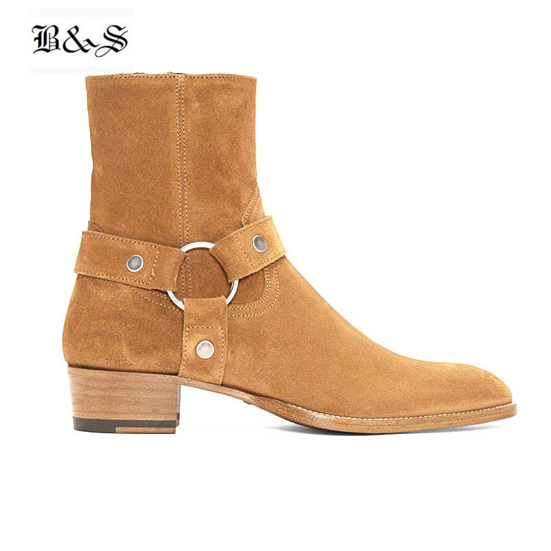 Black &amp; Street High Top hecho a mano Wyatt Harry hebilla anillo correa hombres Chelsea botas cuña cuero Denim banquete arnés botas