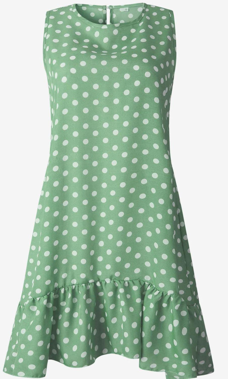 Sommerkleid Frauen Welle Punkt gekräuselte Polka O Hals ärmellos Casual Strand Sommerkleid transparent weiblich plus Größe vestidos 2020