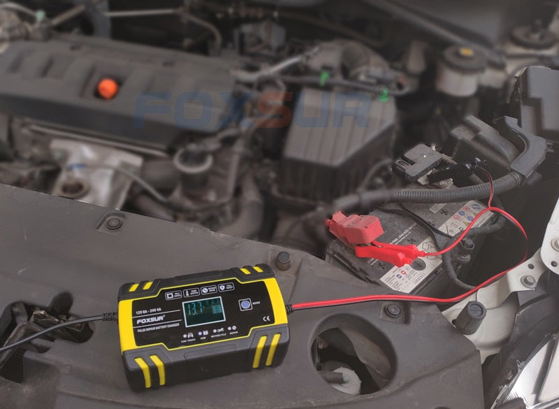 Cargador de batería inteligente automático FOXSUR 12V 24V 8A, cargador de batería inteligente de 3 etapas, cargador de batería de coche para batería GEL WET AGM