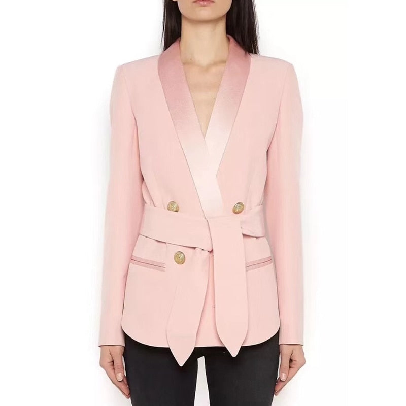 EXCELLENT QUALITY Stylish Career Blazer For Women Shawl Collar Lion Buttons Lacing Belt Blazer Jacket