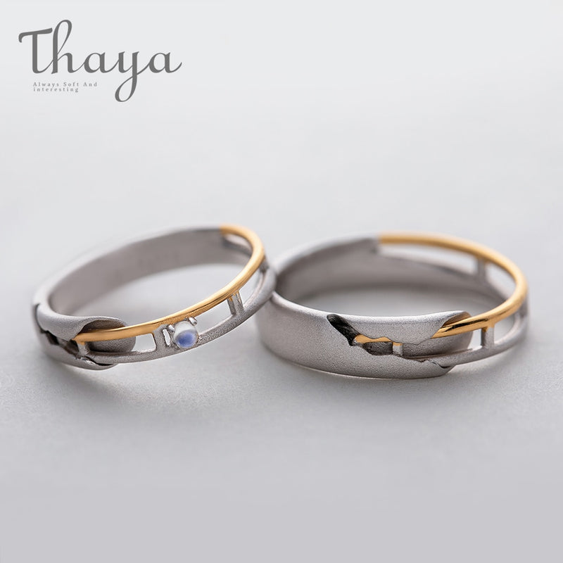 Thaya Zugschiene Design Mondstein Liebhaber Ringe Gold und Hohl 925 Silber Eleganter Schmuck für Frauen Edelstein Süßes Geschenk