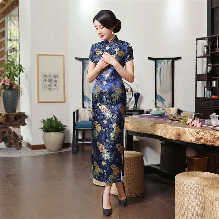 2021 nuevo Cheongsam de rayón verde de alta moda chino clásico Qipao de mujer elegante de manga corta novedad vestido largo S-3XL C0136-D