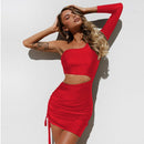 ZHYMIHRET  Fashion Fall One Shoulder Dress Women 2022 Sexy Ruched Waist Hollow Out Dresses Long Sleeve Vestido De Festa Longo