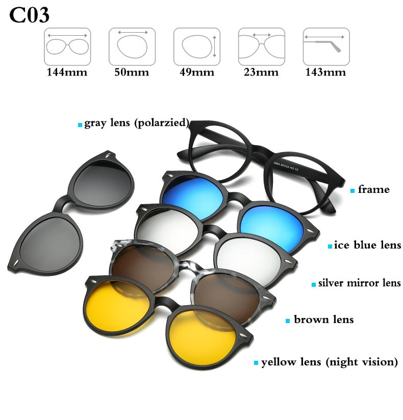 Montura de gafas ópticas de moda para hombres y mujeres con 5 Clip en gafas de sol magnéticas polarizadas para gafas de miopía masculina RS159