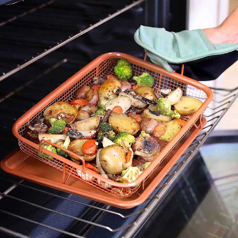 TEENRA Copper Baking Tray Oil Frying Baking Pan Non-stick Chips Basket Baking Dish Grill Mesh Kitchen Tools