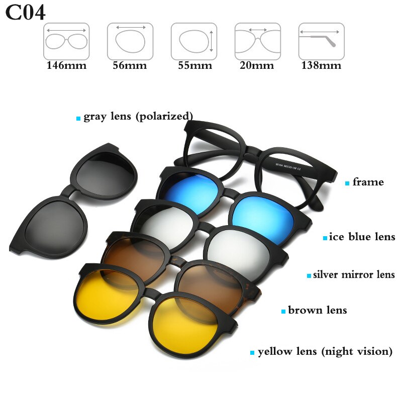 Montura de gafas ópticas de moda para hombres y mujeres con 5 Clip en gafas de sol magnéticas polarizadas para gafas de miopía masculina RS159