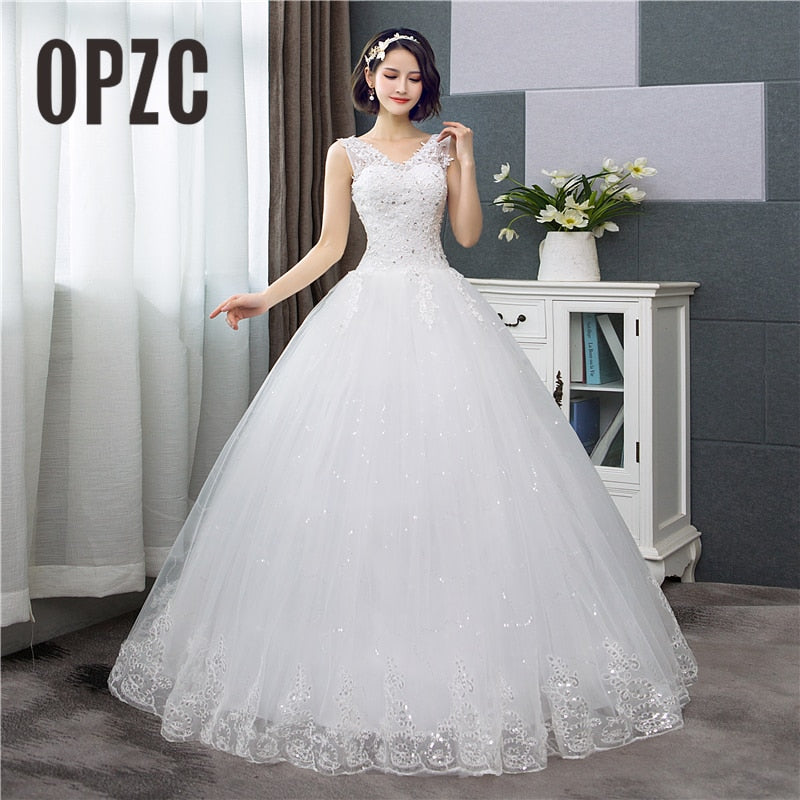 Cheap Korean Style V-Neck Lace Tank Sleeveless Floral Print Ball Gown Wedding Dress 2022 New Fashion Simple estidos de noivas CC