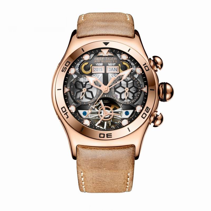 Reloj deportivo Reef Tiger/RT para hombre, reloj luminoso esqueleto, año, mes, fecha, día, oro rosa, relojes automáticos RGA703