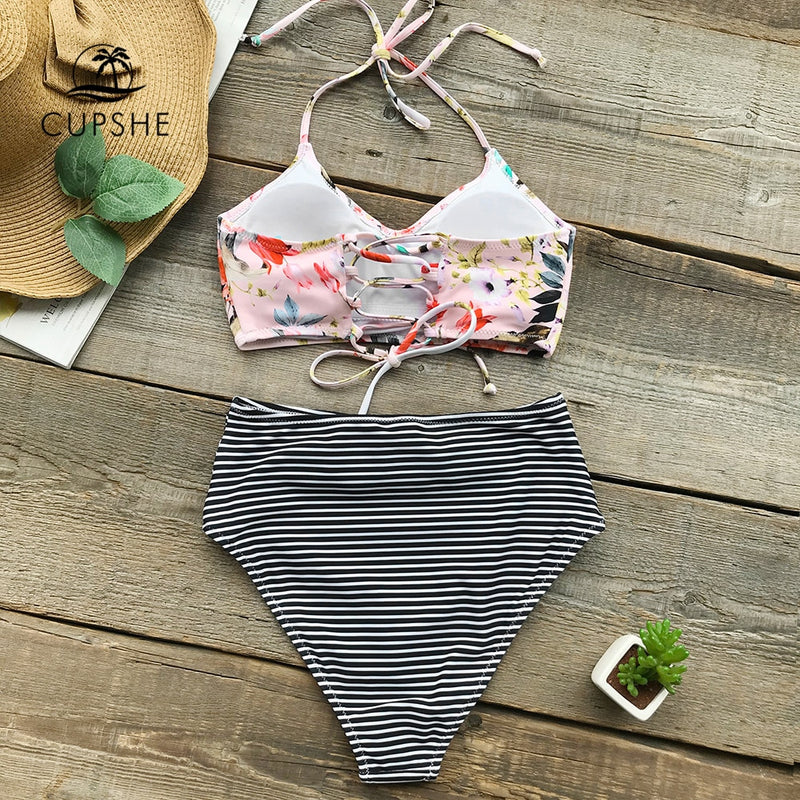 CUPSHE Flower Print Tank Bikini Set Women Lace up High Waisted Striped Two Piece Swimwear 2022 Beach New Shirring Bath Swimsuits