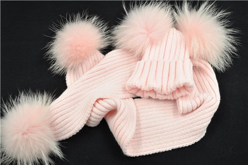 Conjunto de bufanda y sombrero de piel auténtica de invierno para niños, gorro con bolas de piel de mapache auténtica grande, gorros con pompón de piel doble, gorro cálido para niñas y niños