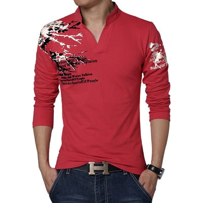 Hot Sale 2022 New Autumn Men's T Shirt Fashion Flower Print V Neck Long Sleeve T Shirt Mens Clothes Trend Casual Top Tee Men 5XL