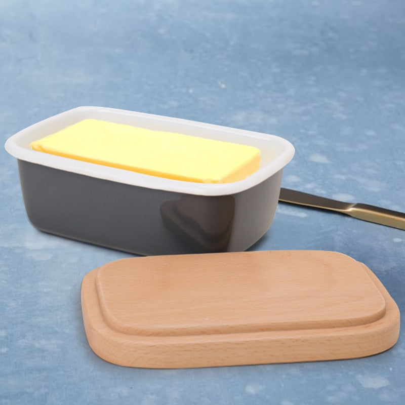 Emaille-Butterdose, Obstkonserven-Aufbewahrungsbox, neuer Butterbehälter mit Holzdeckel, Küchenzubehör