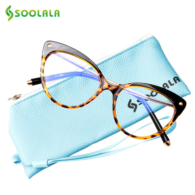 SOOLALA Anti Blue Ray Glasses Computer Glasses TR90 Cat Eye Blue Light Blocking Women Semi-Rimless Anti Fatigue Goggles Glasses