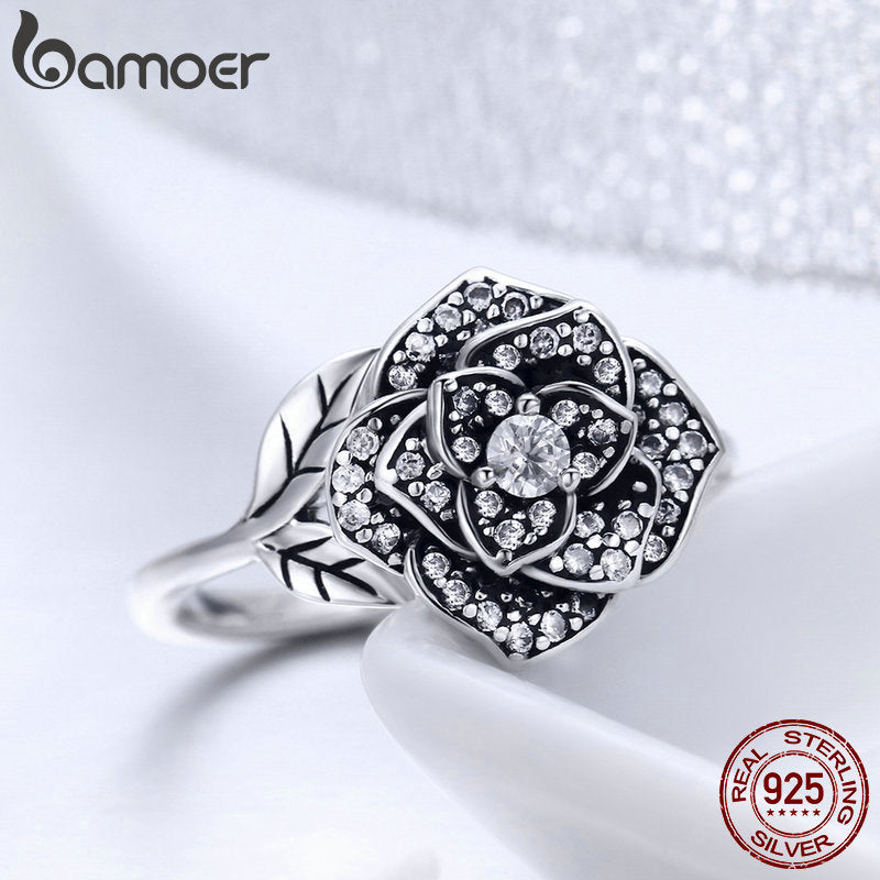 BAMOER 100% 925 Sterling Silver Rose Flower Dazzling CZ Tree Leaf Finger Rings for Women Wedding Engagement Jewelry Gift SCR382