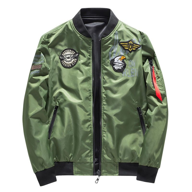Chaqueta Bomber para hombre, chaqueta de piloto militar del ejército para hombre, chaqueta de béisbol bordada con insignia, abrigo de motocicleta de doble cara, talla grande 5XL 6XL