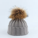 Children Real Fur Pompom Beanie Warm Knitted Hat and Scarf Set Boys Girls Winter Baby Cap