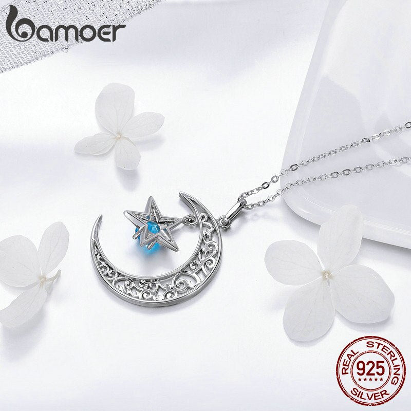 BAMOER, collares románticos de Plata de Ley 925 con luna brillante y estrella, colgantes para mujer, collar de moda, regalo de joyería SCN278