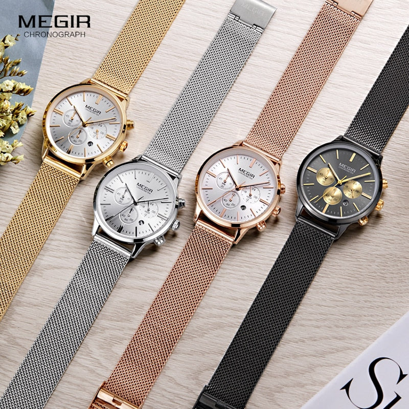 Megir Cronógrafo para mujer Indicador de fecha de manecillas luminosas Correa de malla de acero inoxidable Relojes de pulsera de cuarzo Lady Rose Gold M2011L-1