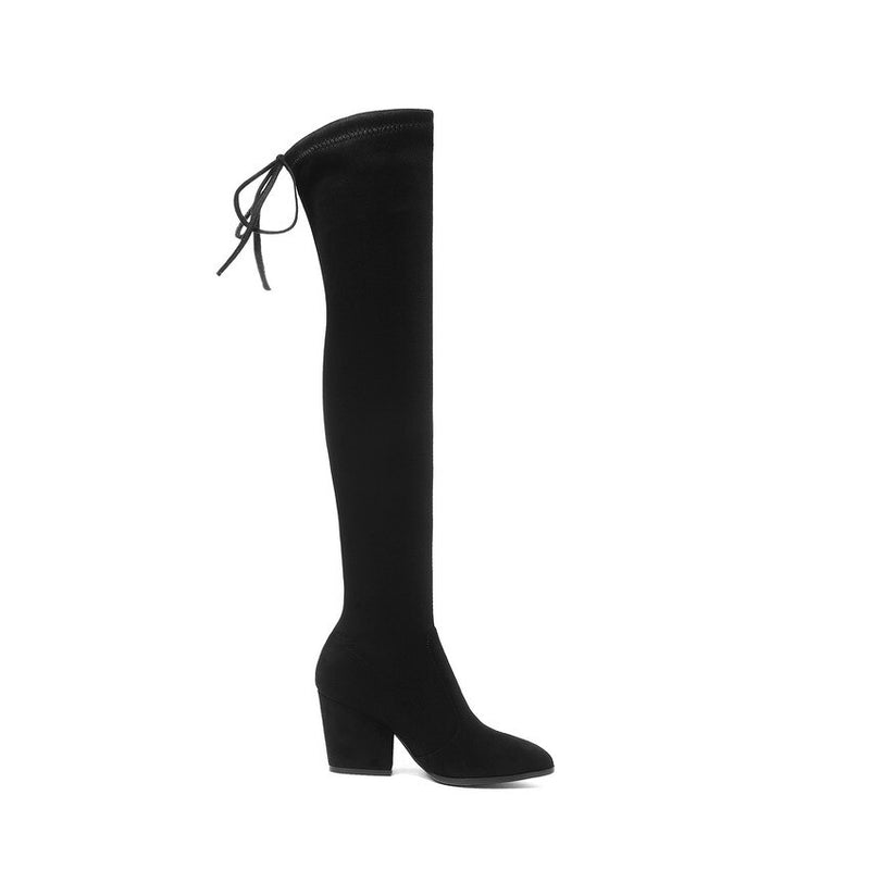 QUTAA 2021, zapatos de mujer, botas por encima de la rodilla, puntiagudos, zapatos de Otoño Invierno para mujer, tacones con pezuña, botas aterciopeladas para mujer, talla 34-43