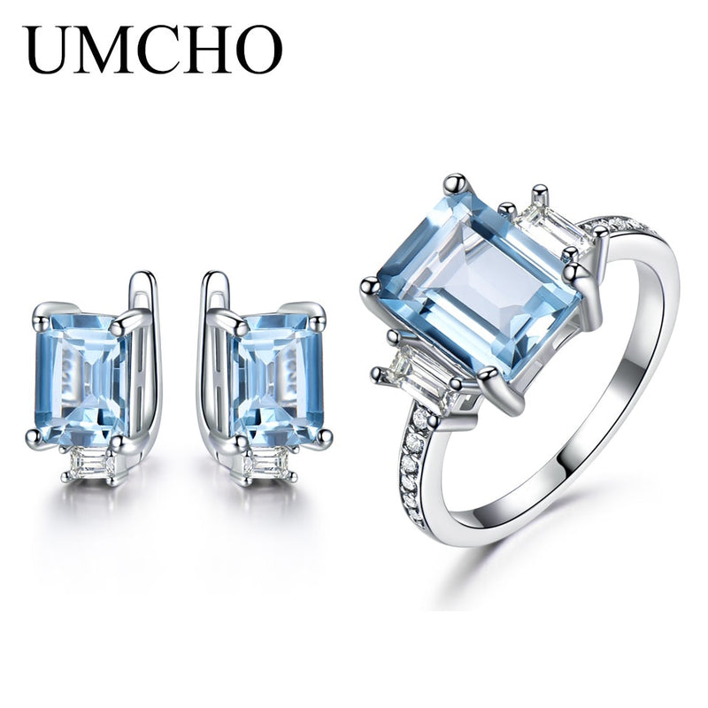 UMCHO 925 Sterling Silver Jewelry Sets for Women Gemstone Sky Blue Topaz Ring Clip Earrings Female Wedding Engagement Jewelry