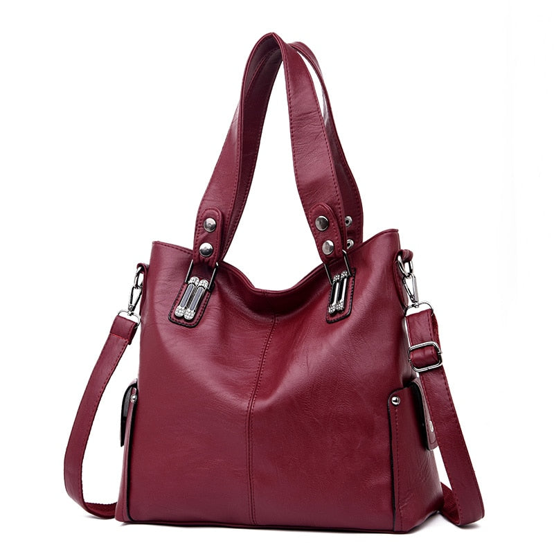 Nuevos bolsos de cuero de moda para mujer, bolso de hombro tipo bandolera de cuero para mujer, bolso de mano grande con forma de cubo para mujer, bolso principal negro/rojo