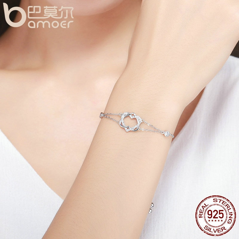 BAMOER Genuine 925 Sterling Silver Twisted Double Heart in Heart Chain Bracelets For Women Authentic Silver Jewelry Gift SCB022